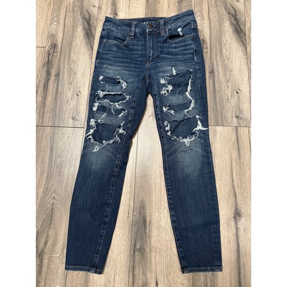 American Eagle Next Level Stretch Distressed Dark Wash High-Rise Jegging Womens - Picture 1 of 9